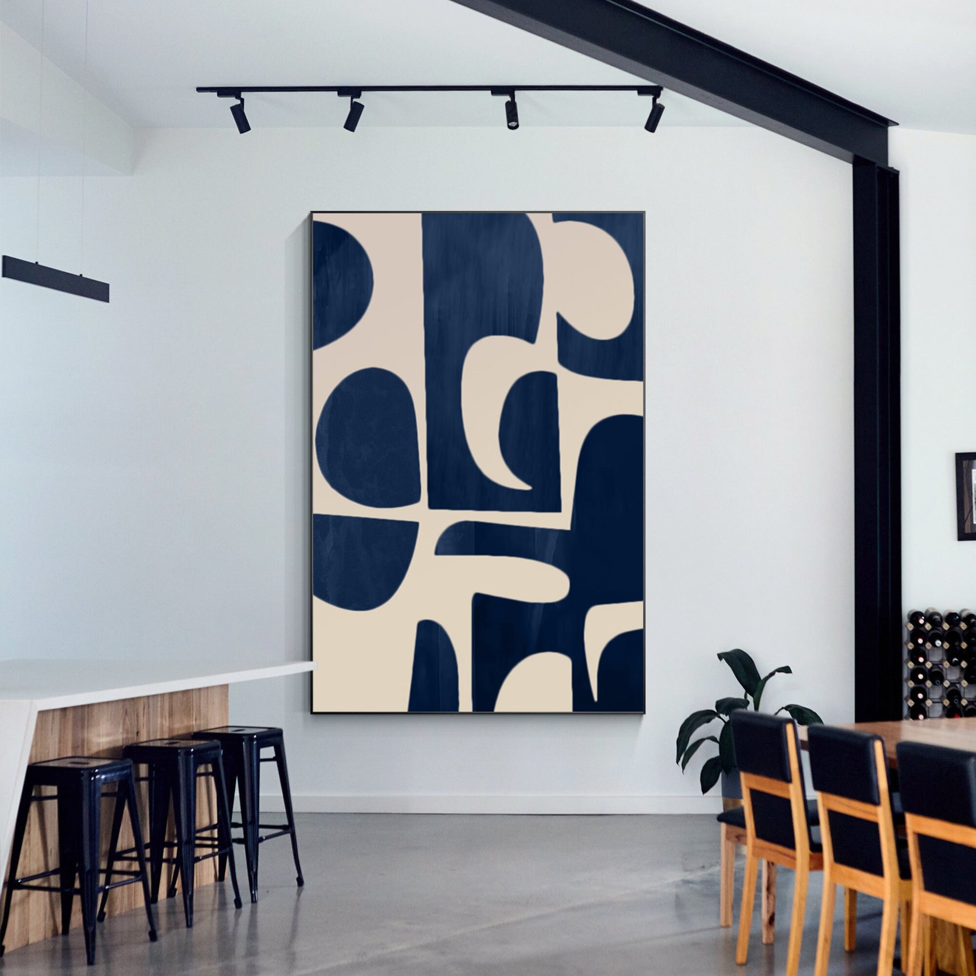 Navy Blue Beige Geometric Canvas Painting: Minimalist Abstract Wall Art #4