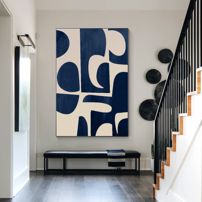 Navy Blue Beige Geometric Canvas Painting: Minimalist Abstract Wall Art #5