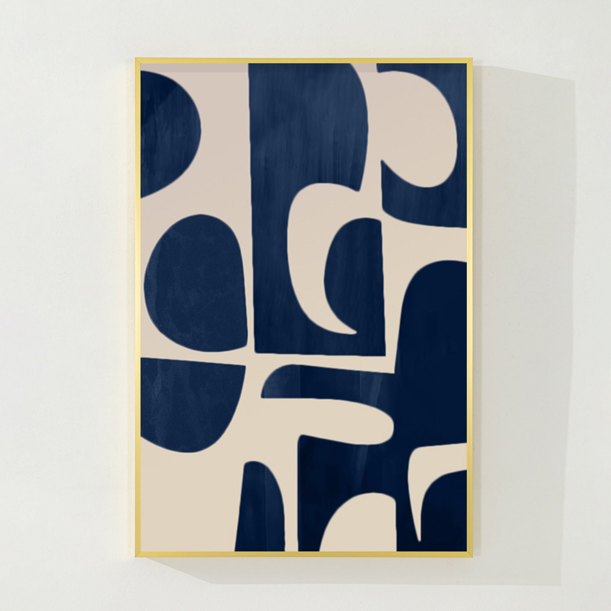 Navy Blue Beige Geometric Canvas Painting: Minimalist Abstract Wall Art #7