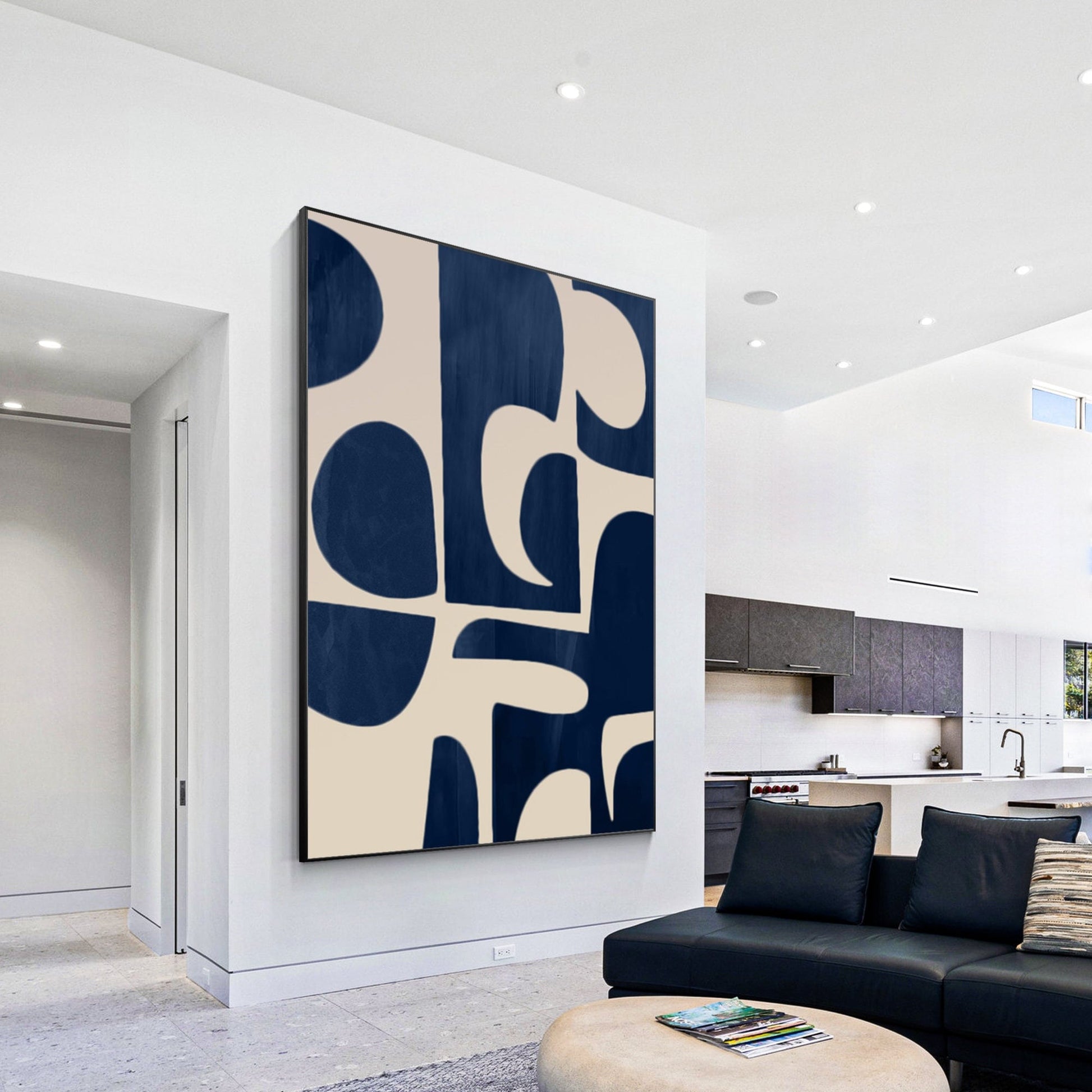 Navy Blue Beige Geometric Canvas Painting: Minimalist Abstract Wall Art #1