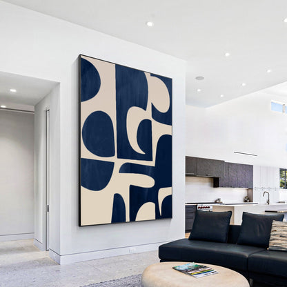 Navy Blue Beige Geometric Canvas Painting: Minimalist Abstract Wall Art #1