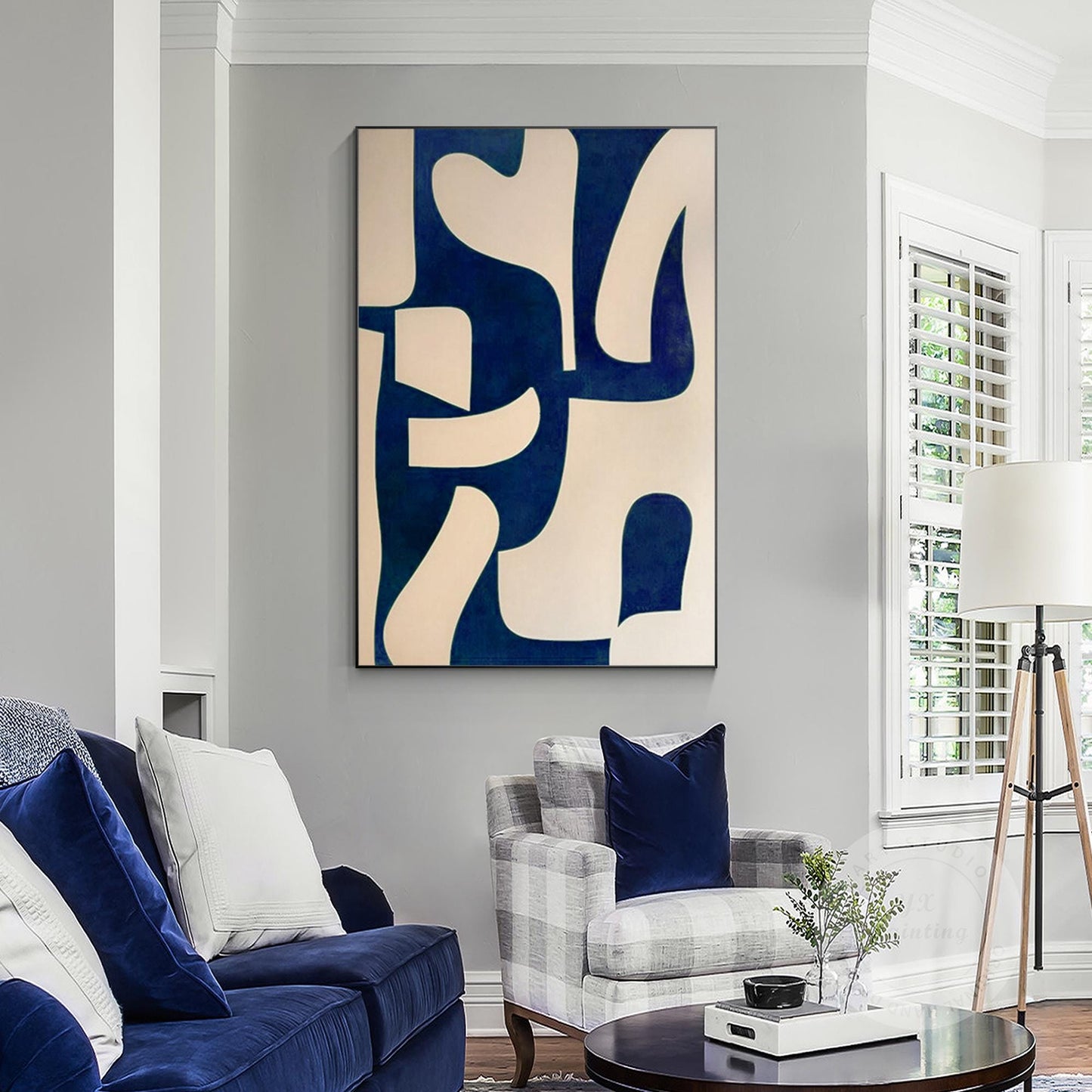 Navy Blue Beige Geometric Painting On Canvas, Minimalist Organic Shape Abstract  #3