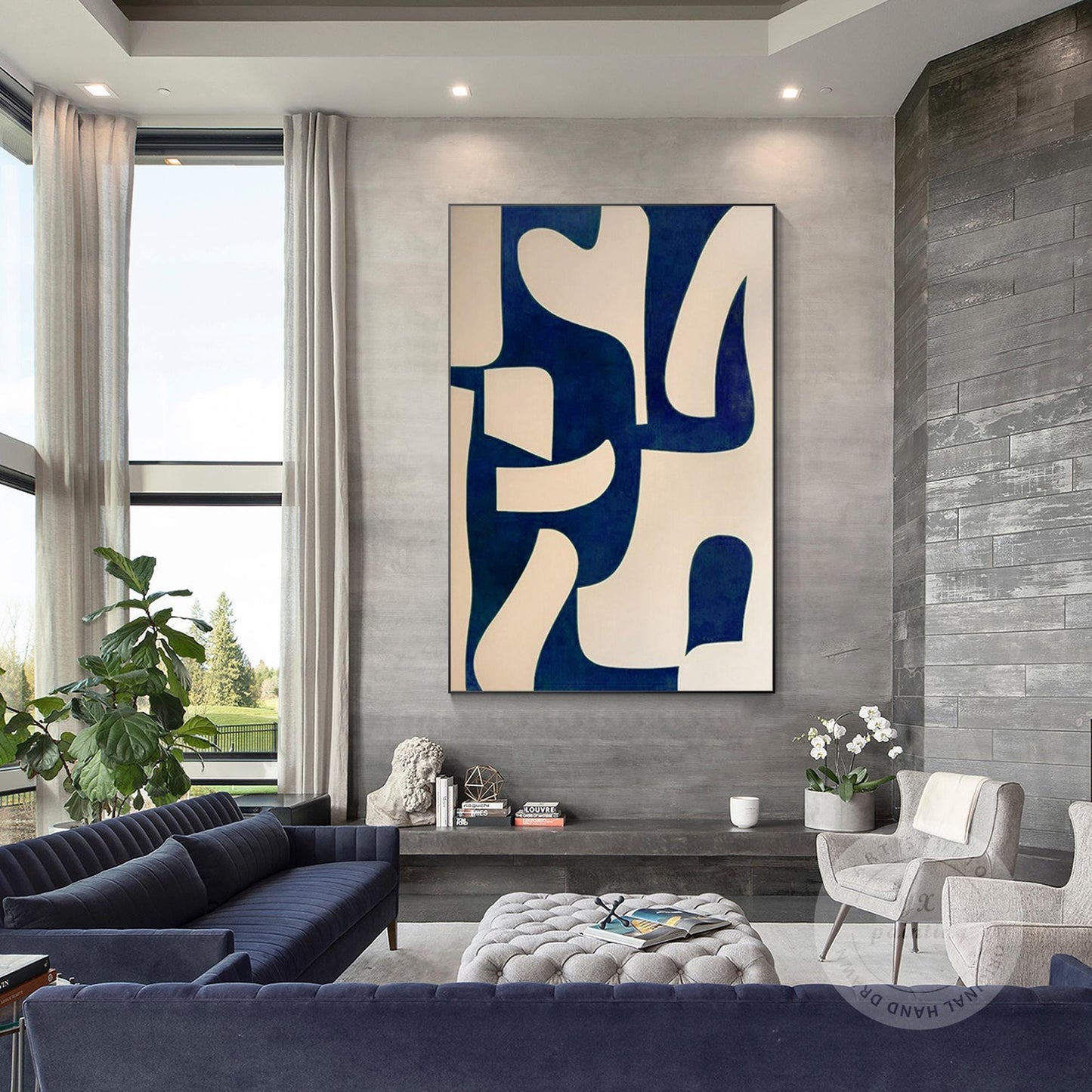Navy Blue Beige Geometric Painting On Canvas, Minimalist Organic Shape Abstract  #4