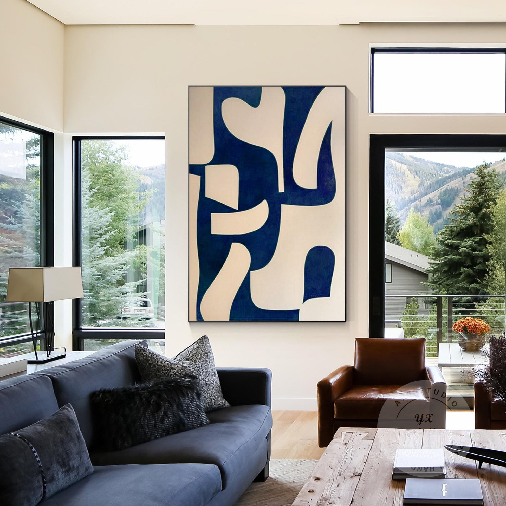 Navy Blue Beige Geometric Painting On Canvas, Minimalist Organic Shape Abstract  #5
