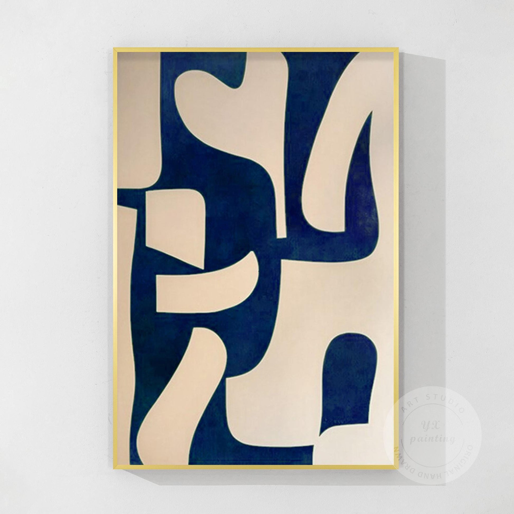 Navy Blue Beige Geometric Painting On Canvas, Minimalist Organic Shape Abstract  #8