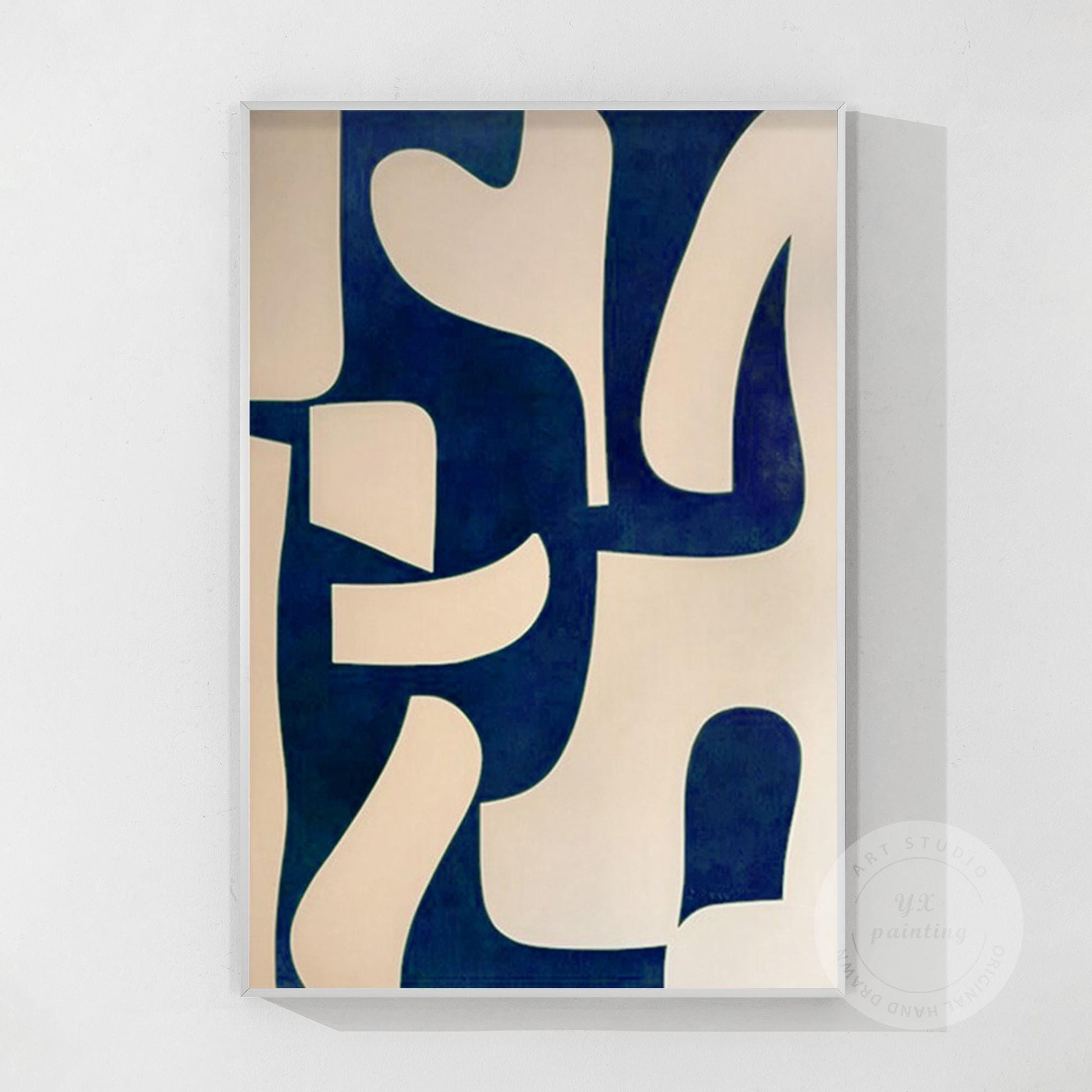 Navy Blue Beige Geometric Painting On Canvas, Minimalist Organic Shape Abstract  #9