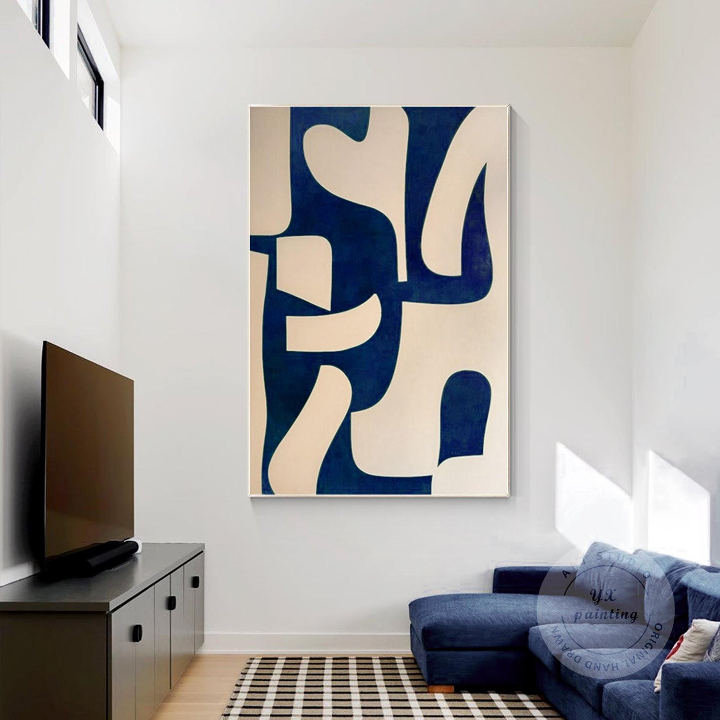Navy Blue Beige Geometric Painting On Canvas, Minimalist Organic Shape Abstract  #1