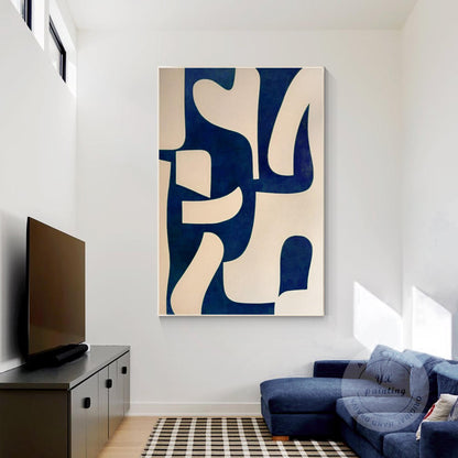 Navy Blue Beige Geometric Painting On Canvas, Minimalist Organic Shape Abstract  #1
