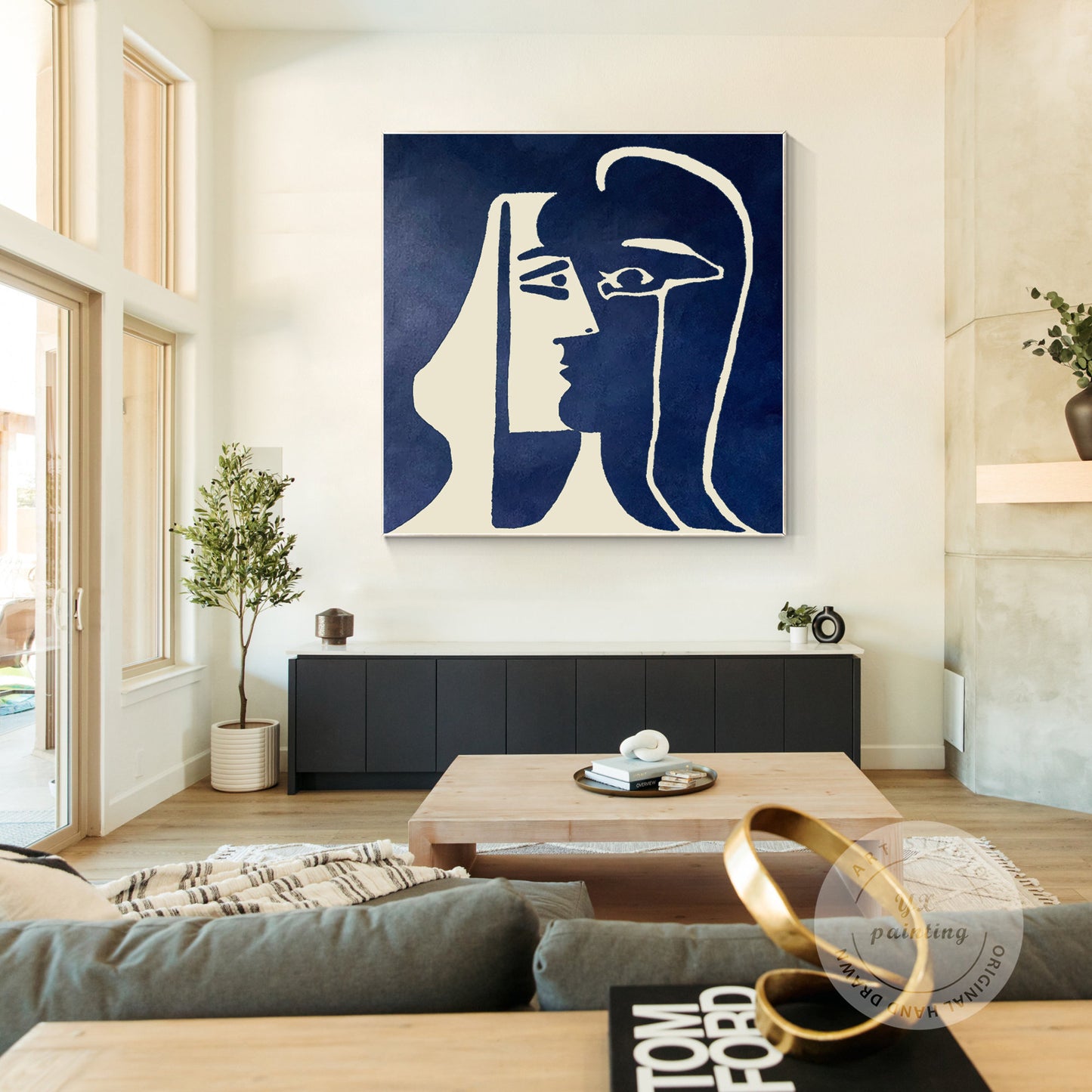 Navy Blue Beige Minimalist Canvas Wall Art, Square Romantic Line Art, Modern Liv #2