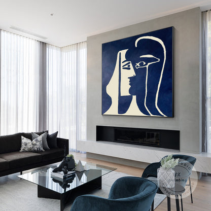 Navy Blue Beige Minimalist Canvas Wall Art, Square Romantic Line Art, Modern Liv #3