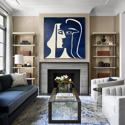 Navy Blue Beige Minimalist Canvas Wall Art, Square Romantic Line Art, Modern Liv #5