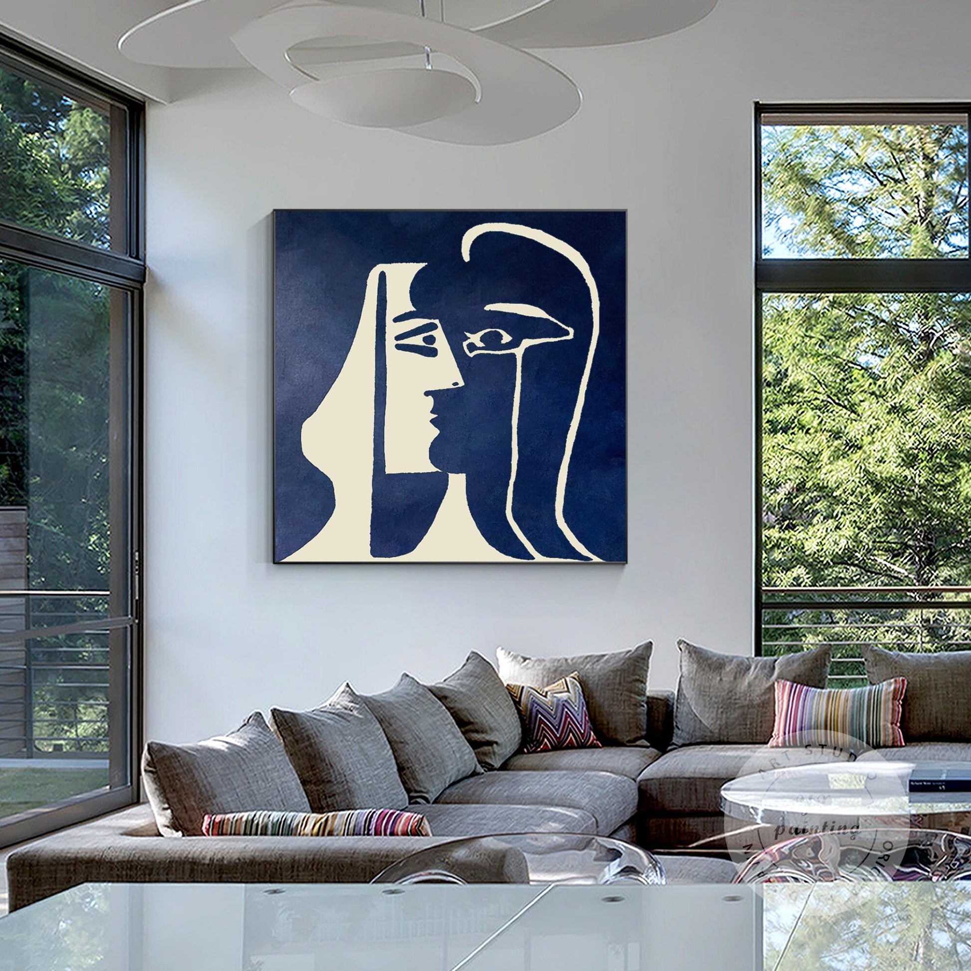 Navy Blue Beige Minimalist Canvas Wall Art, Square Romantic Line Art, Modern Liv #1