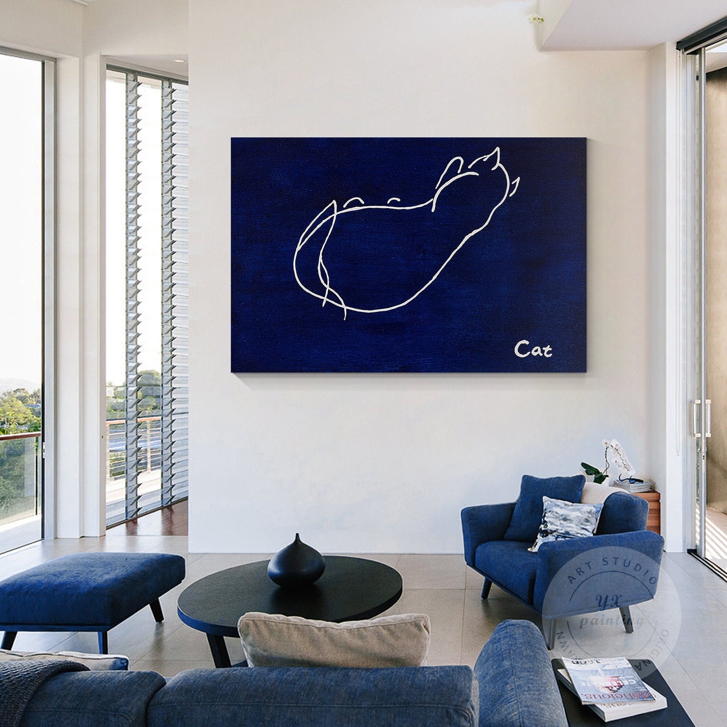 Navy Blue Cat Line Art – Minimalist Acrylic Painting on Canvas #2