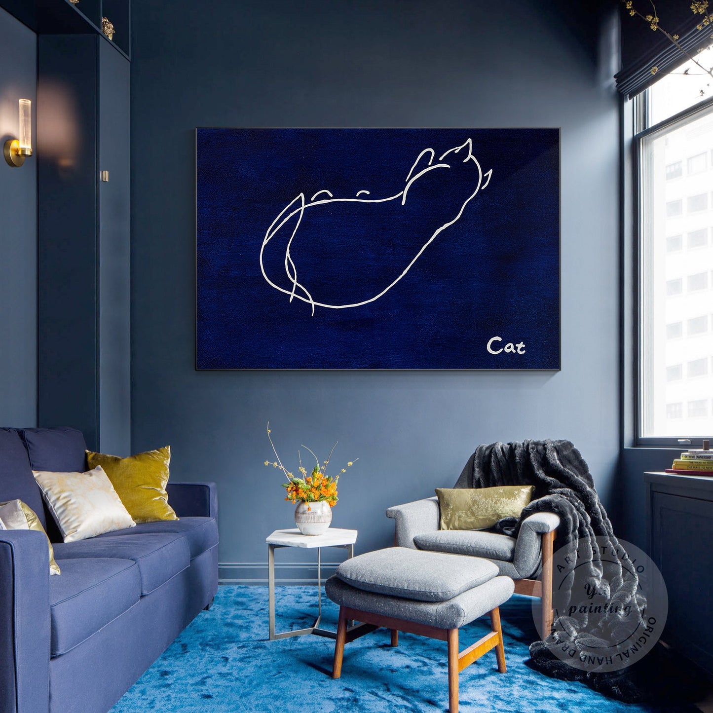 Navy Blue Cat Line Art – Minimalist Acrylic Painting on Canvas #3