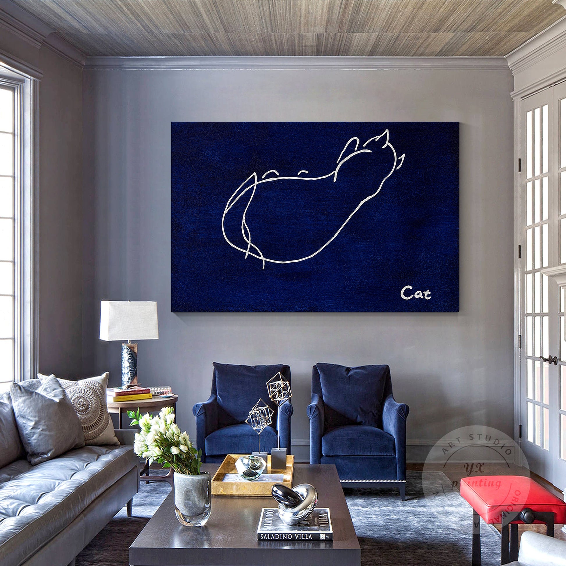 Navy Blue Cat Line Art – Minimalist Acrylic Painting on Canvas #4