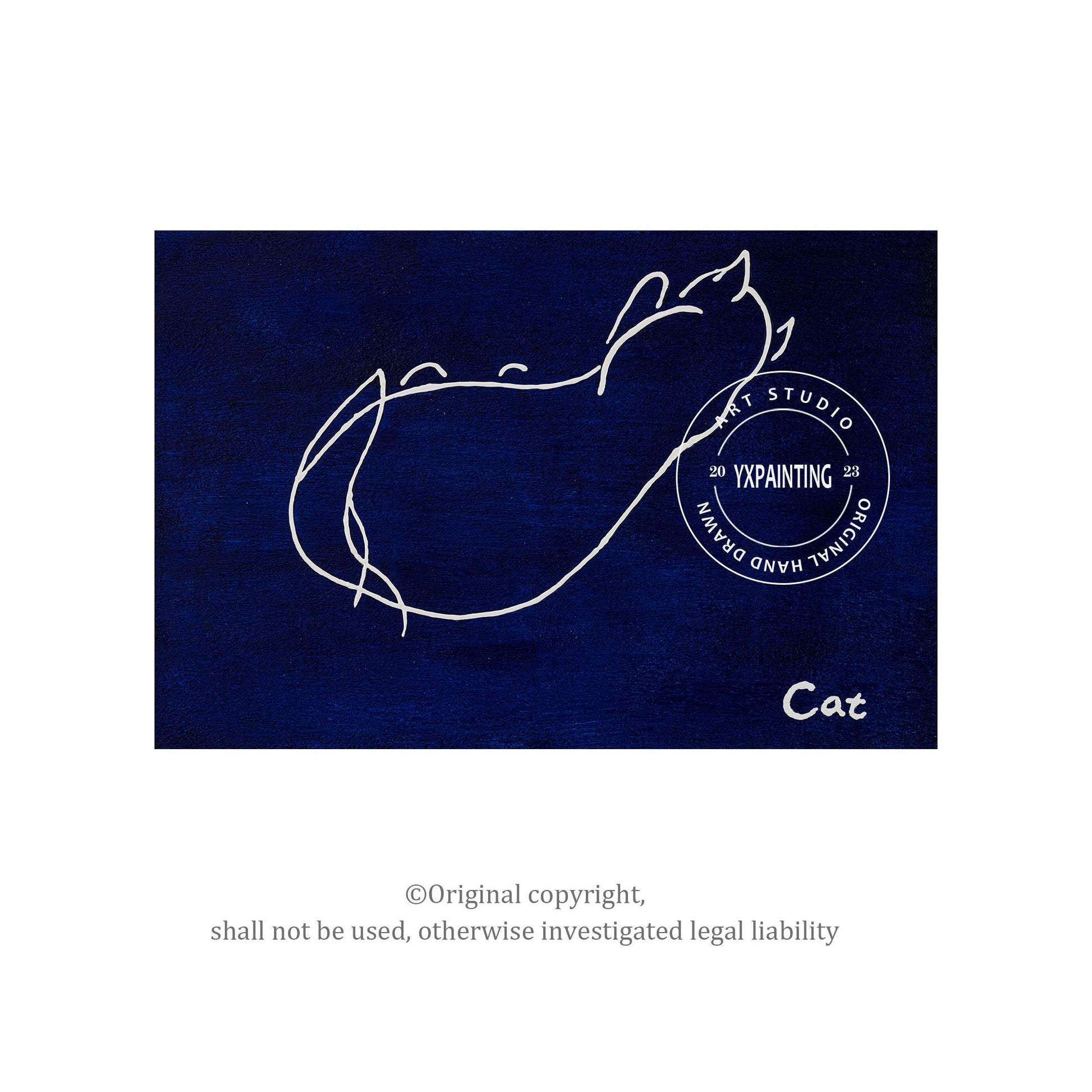 Navy Blue Cat Line Art – Minimalist Acrylic Painting on Canvas #6