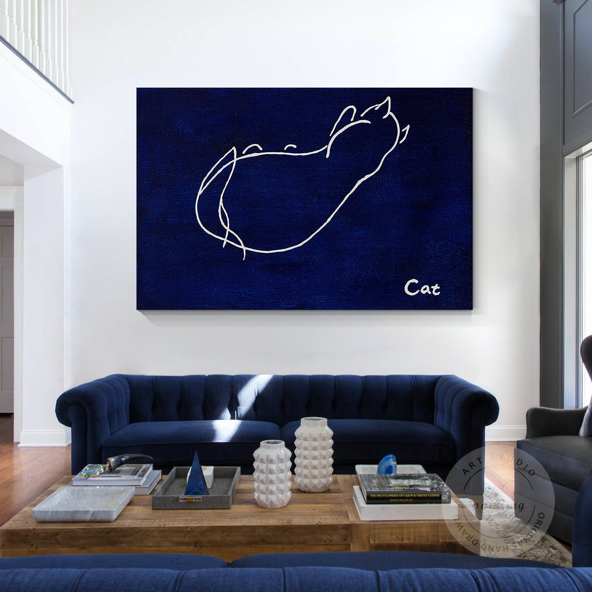 Navy Blue Cat Line Art – Minimalist Acrylic Painting on Canvas #1