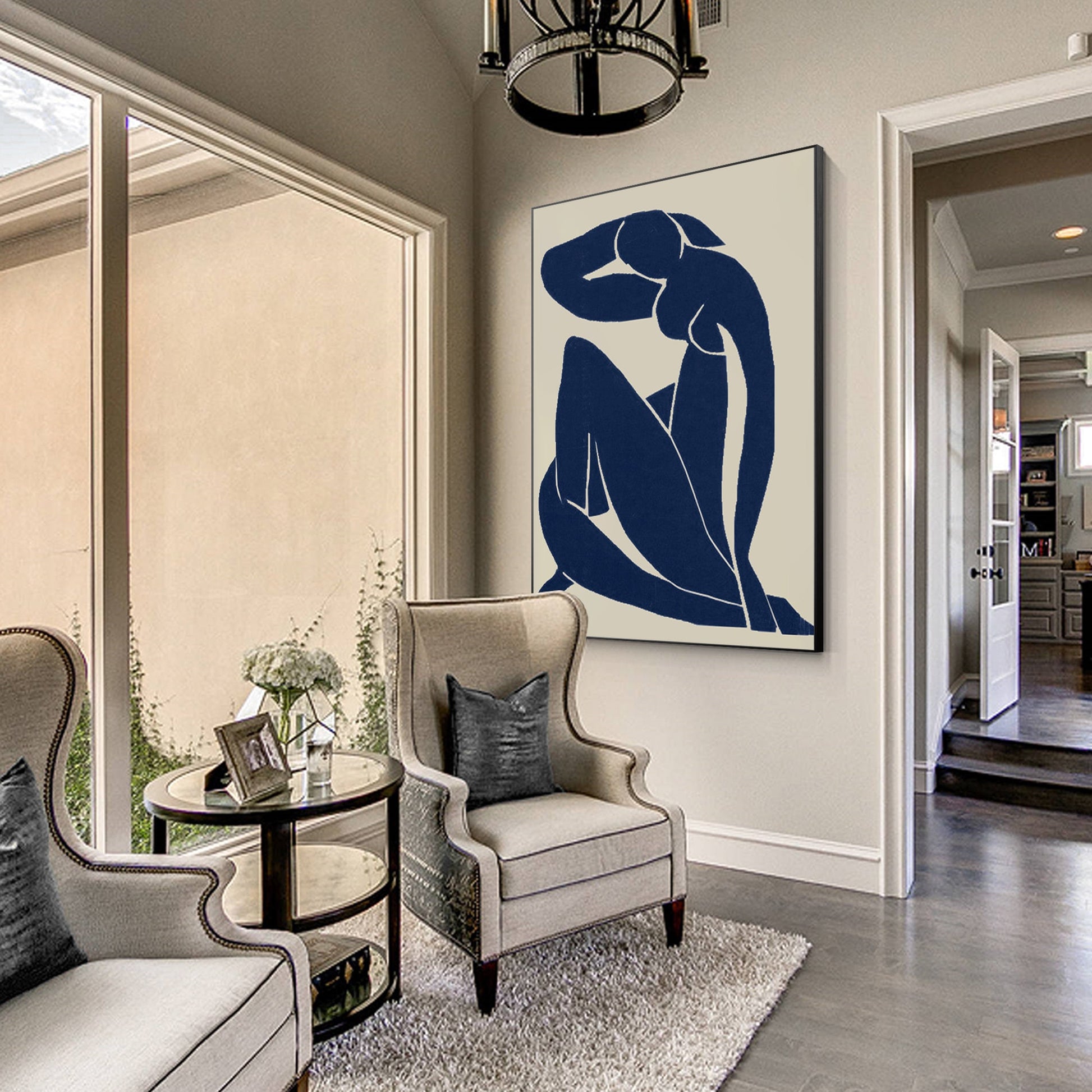 Navy Blue Figure Abstract Canvas Painting: Minimalist Wall Art #2