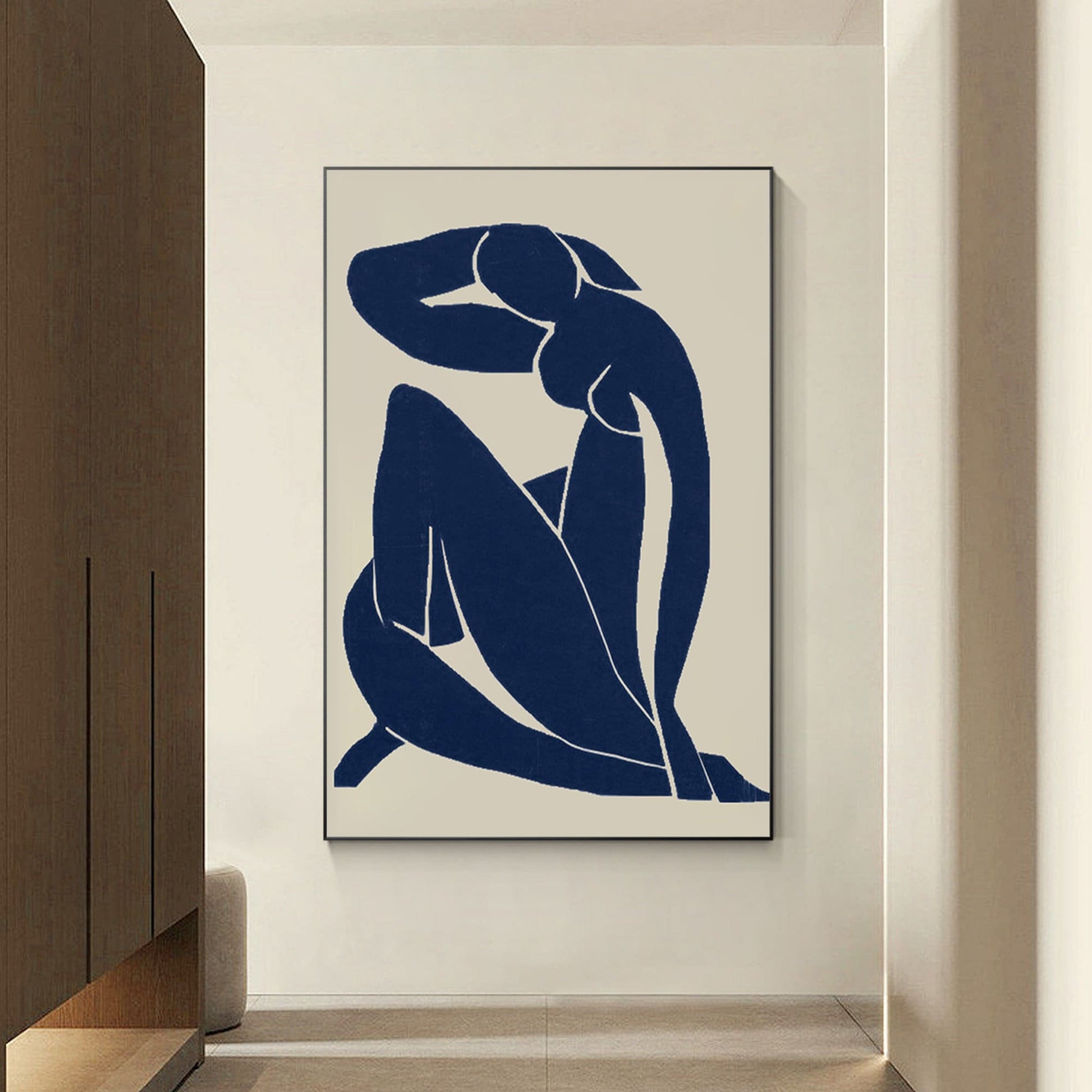 Navy Blue Figure Abstract Canvas Painting: Minimalist Wall Art #1