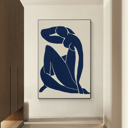 Navy Blue Figure Abstract Canvas Painting: Minimalist Wall Art #1