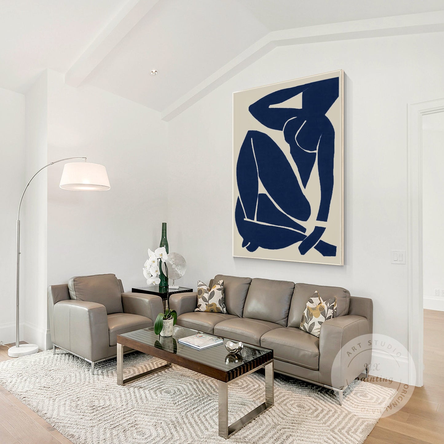 Navy Blue Figure Painting: Minimalist Abstract Canvas Wall Art #3
