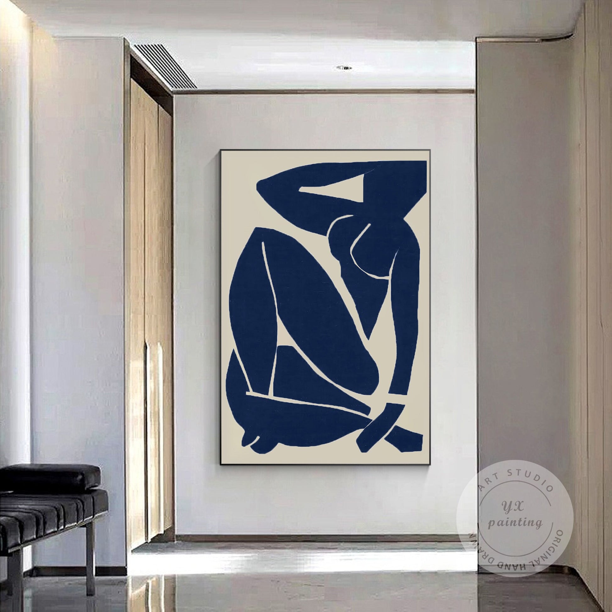 Navy Blue Figure Painting: Minimalist Abstract Canvas Wall Art #5