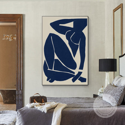 Navy Blue Figure Painting: Minimalist Abstract Canvas Wall Art #1