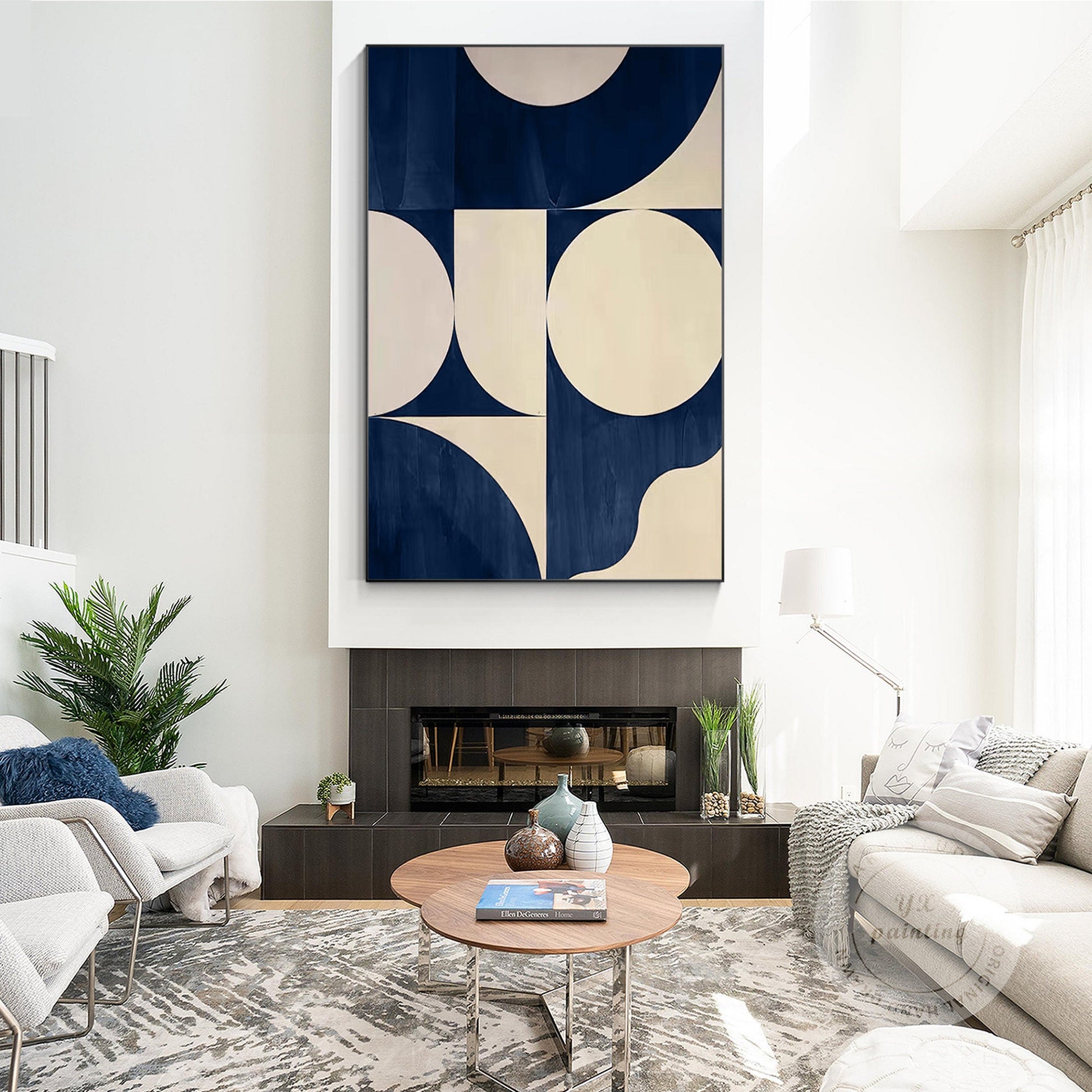 Navy Blue Geometric Abstract Wall Art, Large Minimalist Canvas Painting, Beige M #2