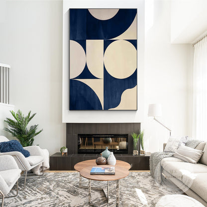 Navy Blue Geometric Abstract Wall Art, Large Minimalist Canvas Painting, Beige M #2
