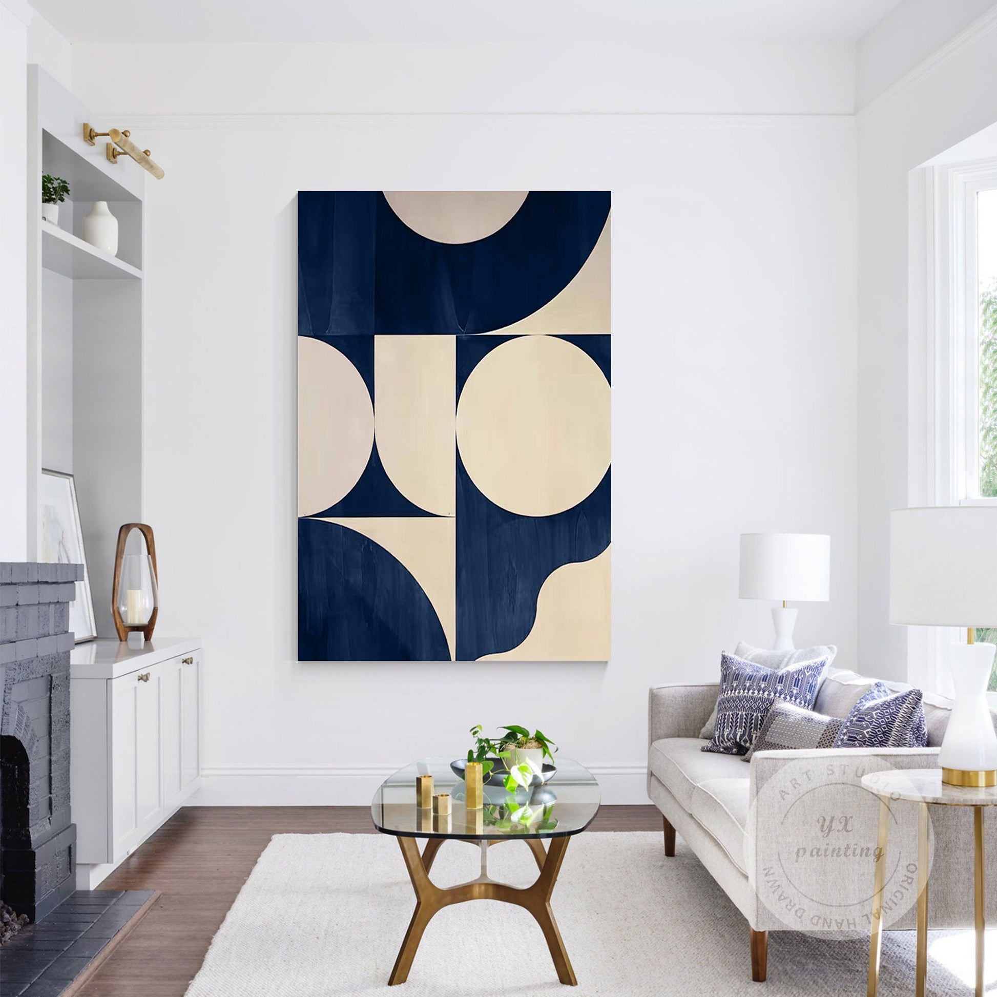 Navy Blue Geometric Abstract Wall Art, Large Minimalist Canvas Painting, Beige M #3