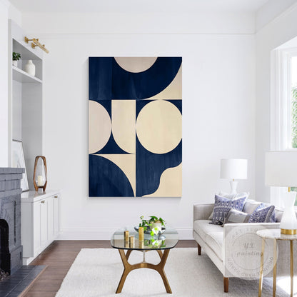 Navy Blue Geometric Abstract Wall Art, Large Minimalist Canvas Painting, Beige M #3