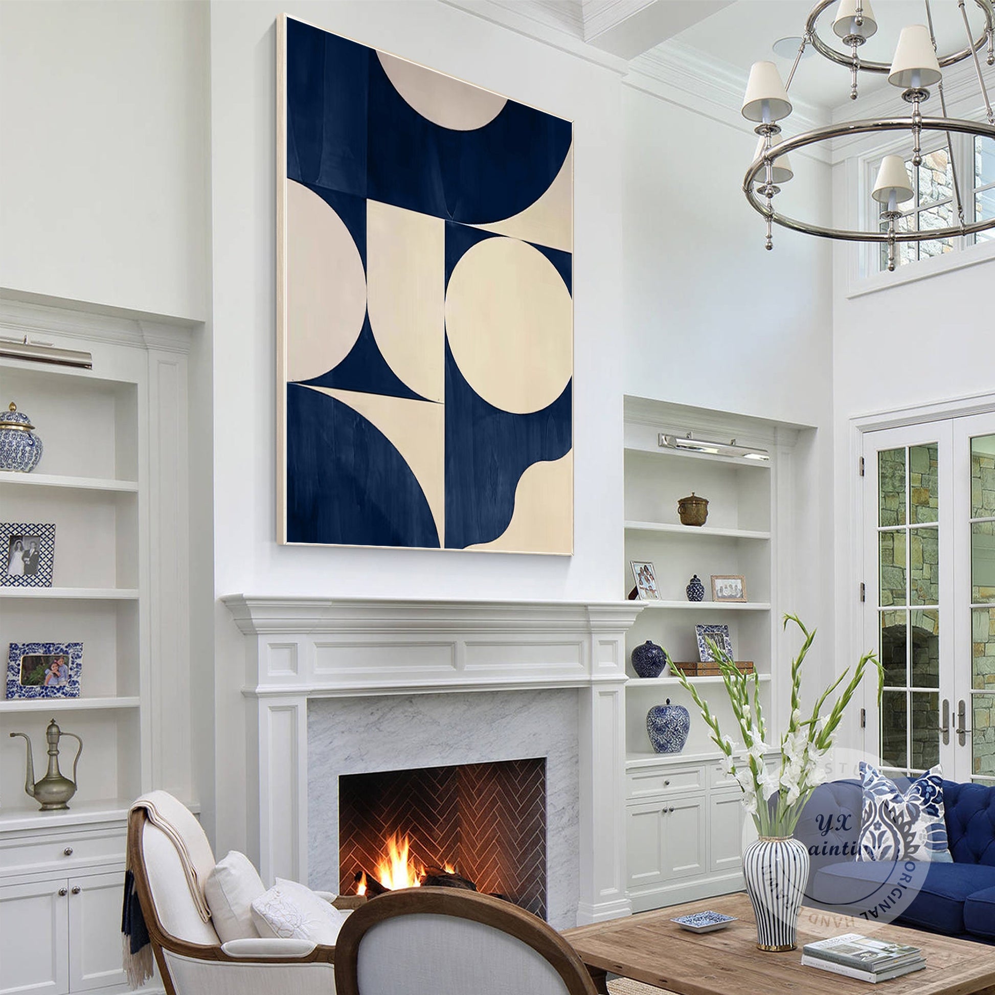 Navy Blue Geometric Abstract Wall Art, Large Minimalist Canvas Painting, Beige M #4