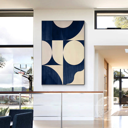 Navy Blue Geometric Abstract Wall Art, Large Minimalist Canvas Painting, Beige M #5