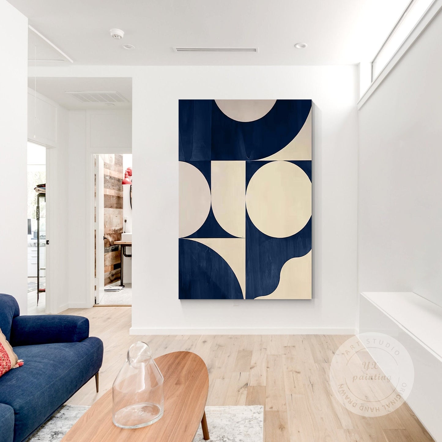 Navy Blue Geometric Abstract Wall Art, Large Minimalist Canvas Painting, Beige M #1