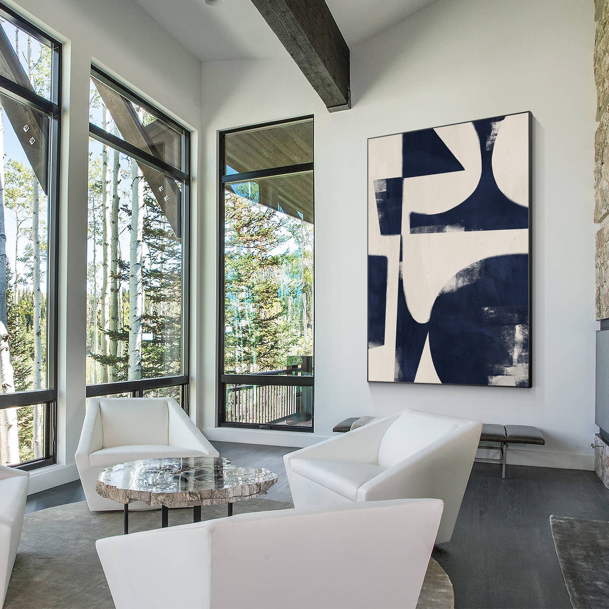 Navy Blue Geometric Painting: Modern Abstract Canvas Wall Art #2