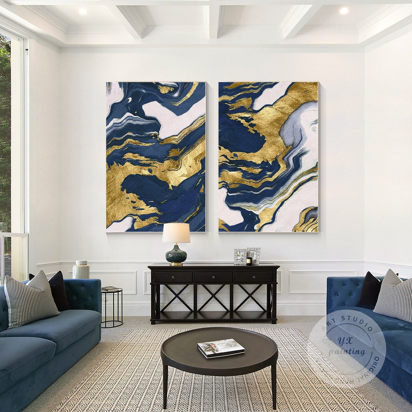 Navy Blue Gold Abstract Canvas Painting Set: Modern Framed Wall Art #2