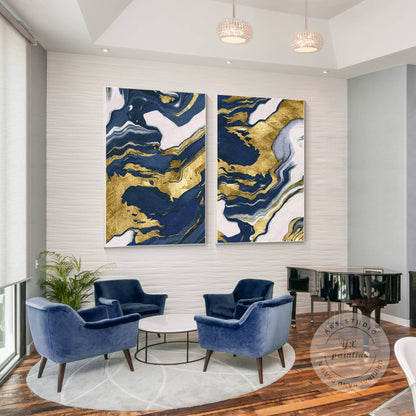 Navy Blue Gold Abstract Canvas Painting Set: Modern Framed Wall Art #3
