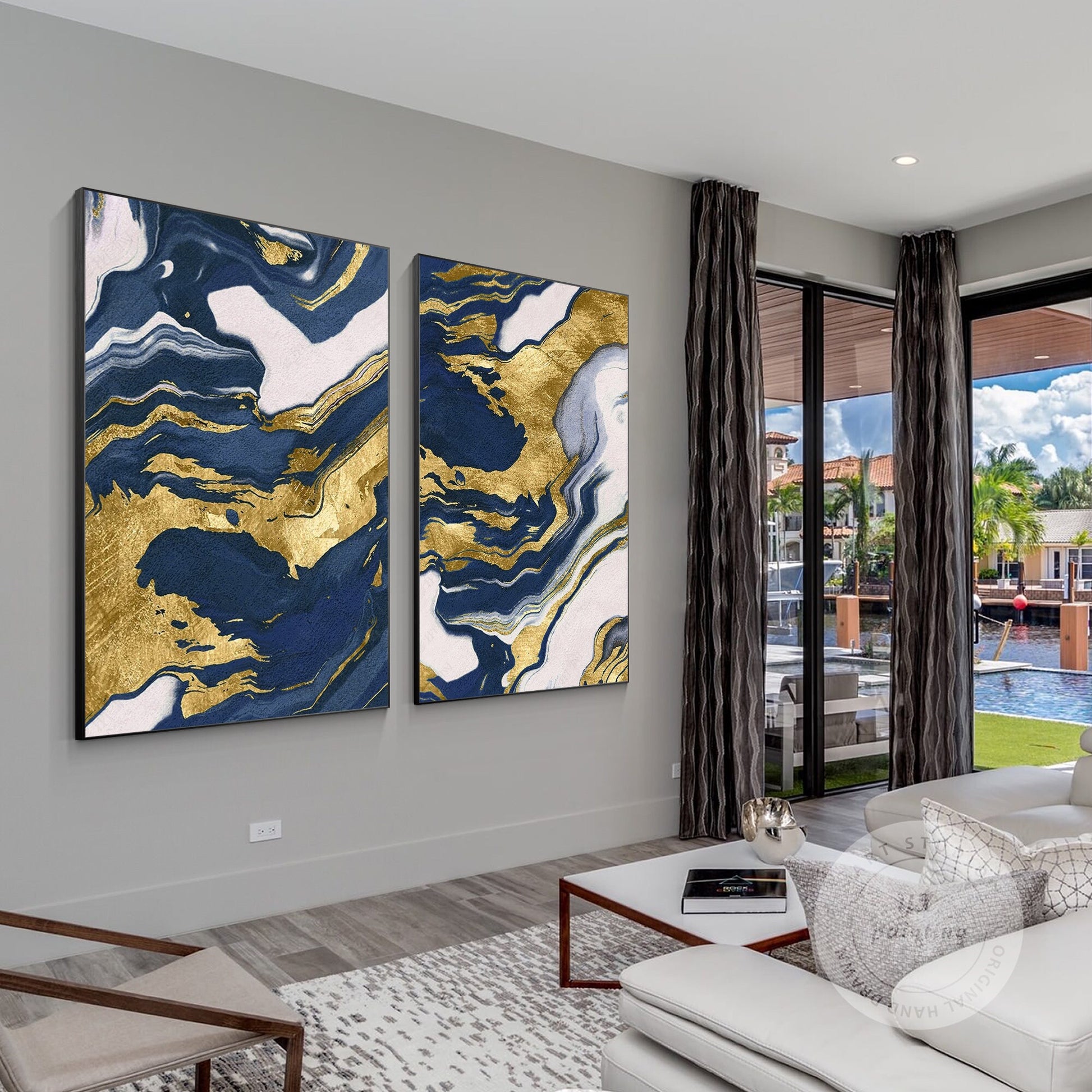 Navy Blue Gold Abstract Canvas Painting Set: Modern Framed Wall Art #4