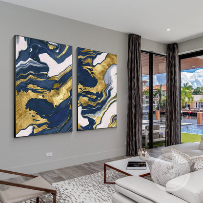 Navy Blue Gold Abstract Canvas Painting Set: Modern Framed Wall Art #4