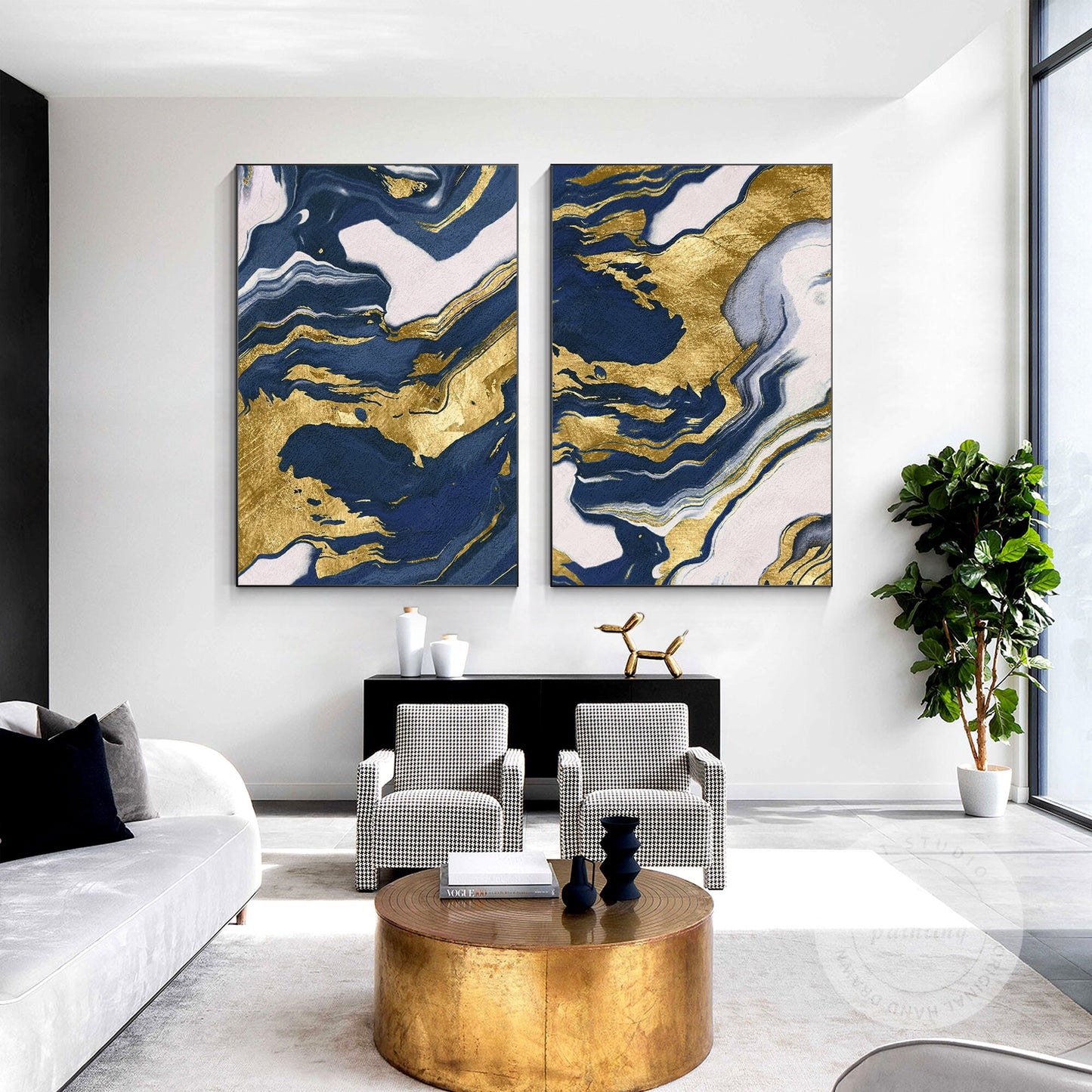 Navy Blue Gold Abstract Canvas Painting Set: Modern Framed Wall Art #5