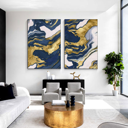 Navy Blue Gold Abstract Canvas Painting Set: Modern Framed Wall Art #5