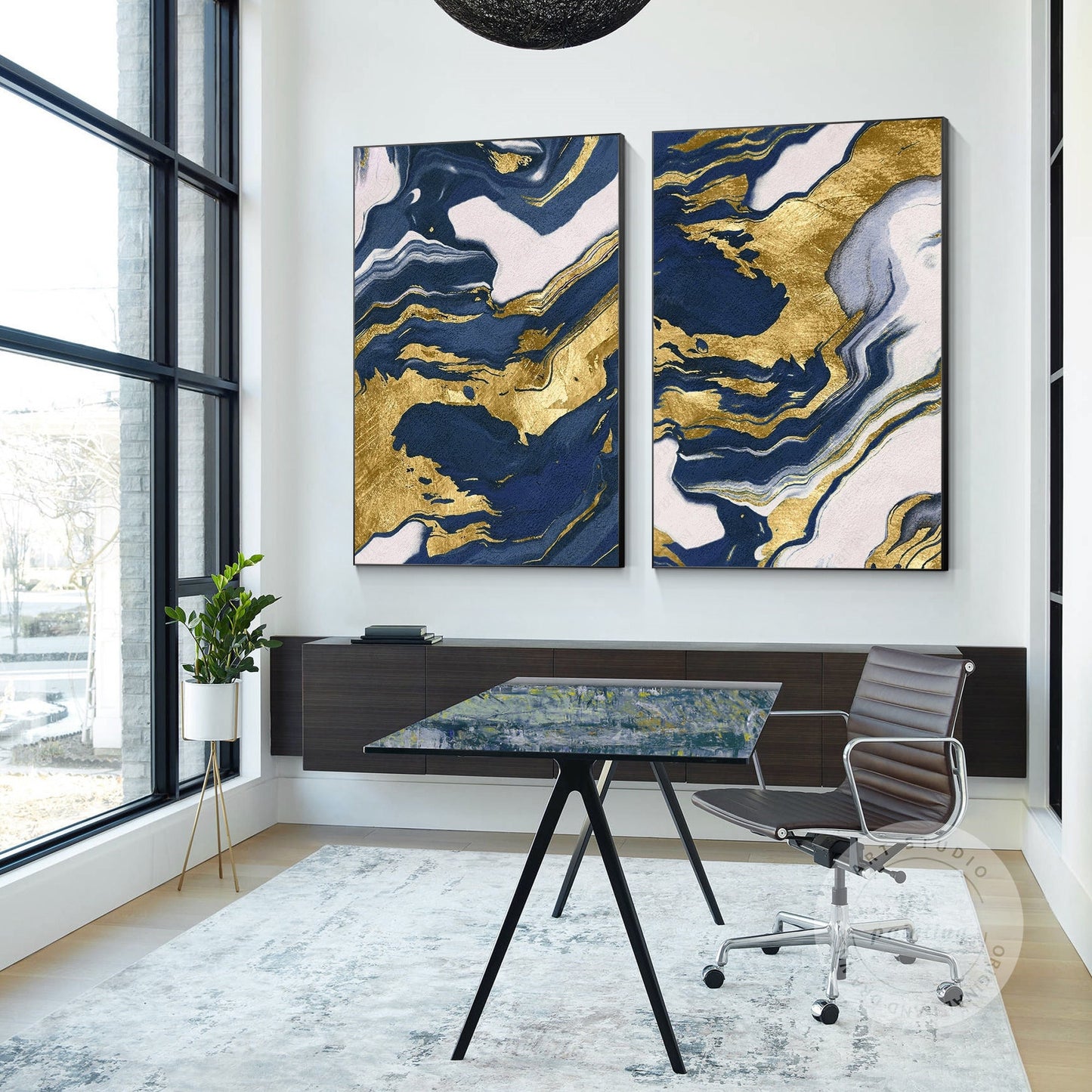 Navy Blue Gold Abstract Canvas Painting Set: Modern Framed Wall Art #1