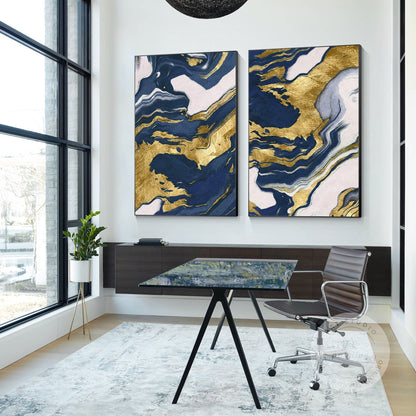 Navy Blue Gold Abstract Canvas Painting Set: Modern Framed Wall Art #1