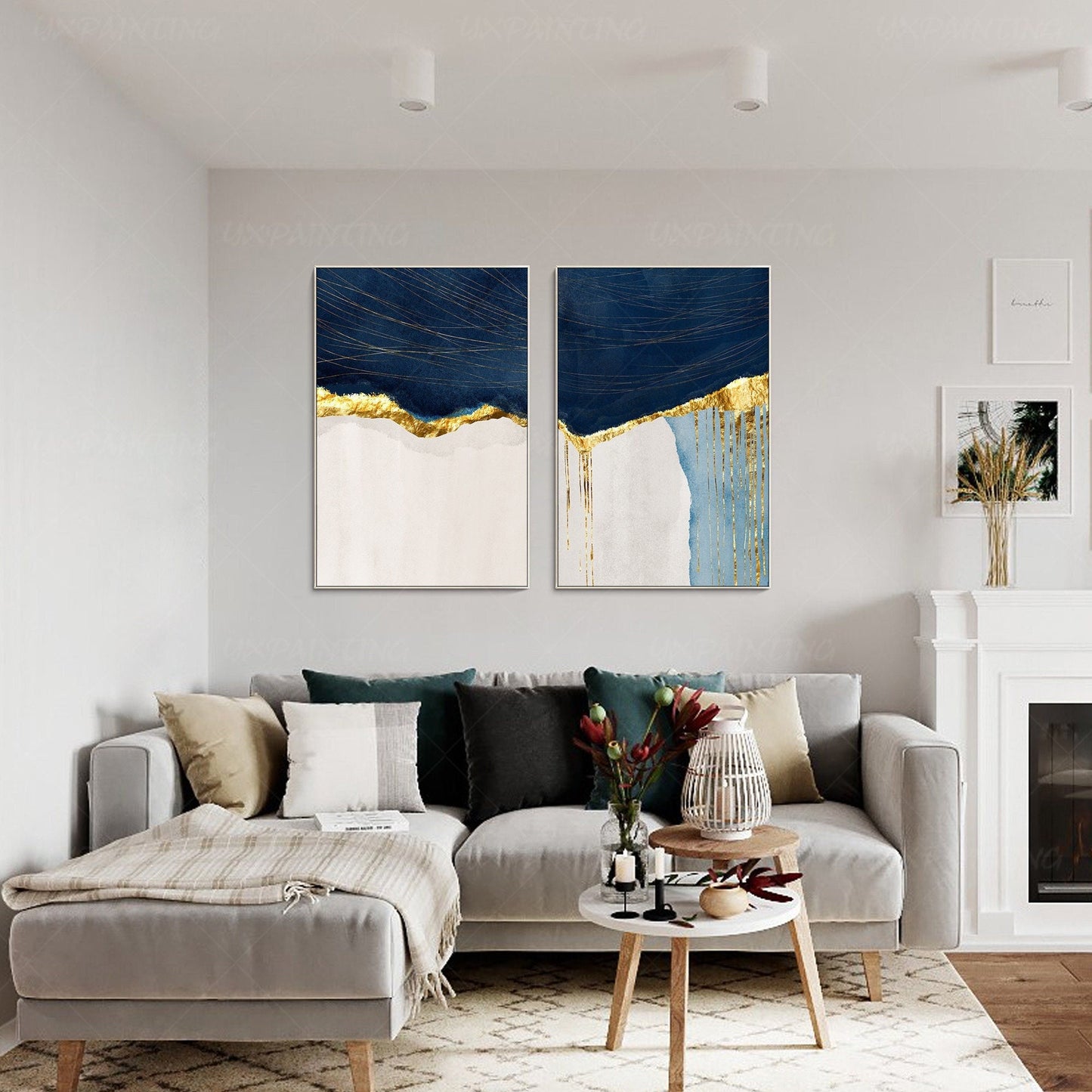 Navy Blue & Gold Abstract Painting Set: Modern Framed Wall Art #2
