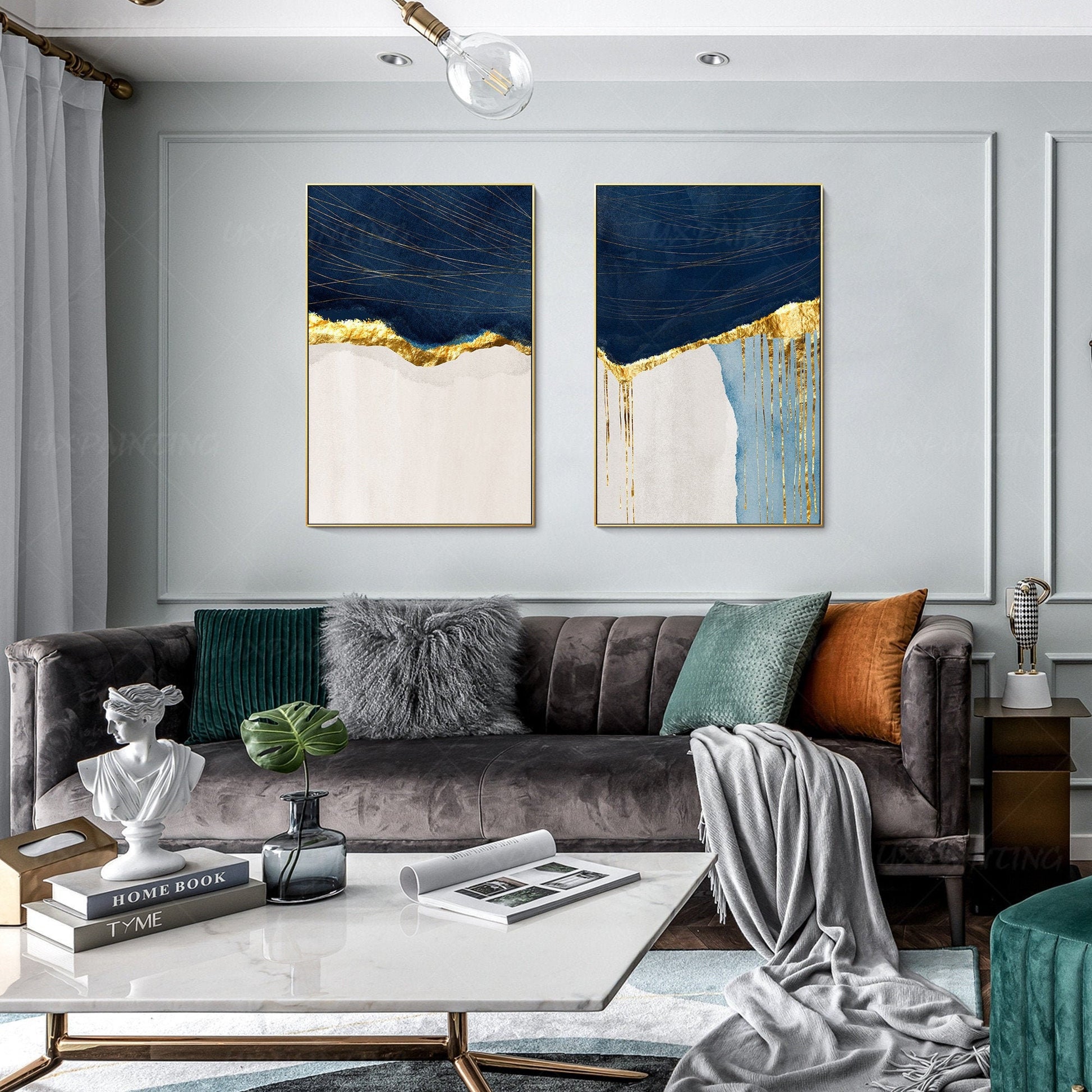 Navy Blue & Gold Abstract Painting Set: Modern Framed Wall Art #3