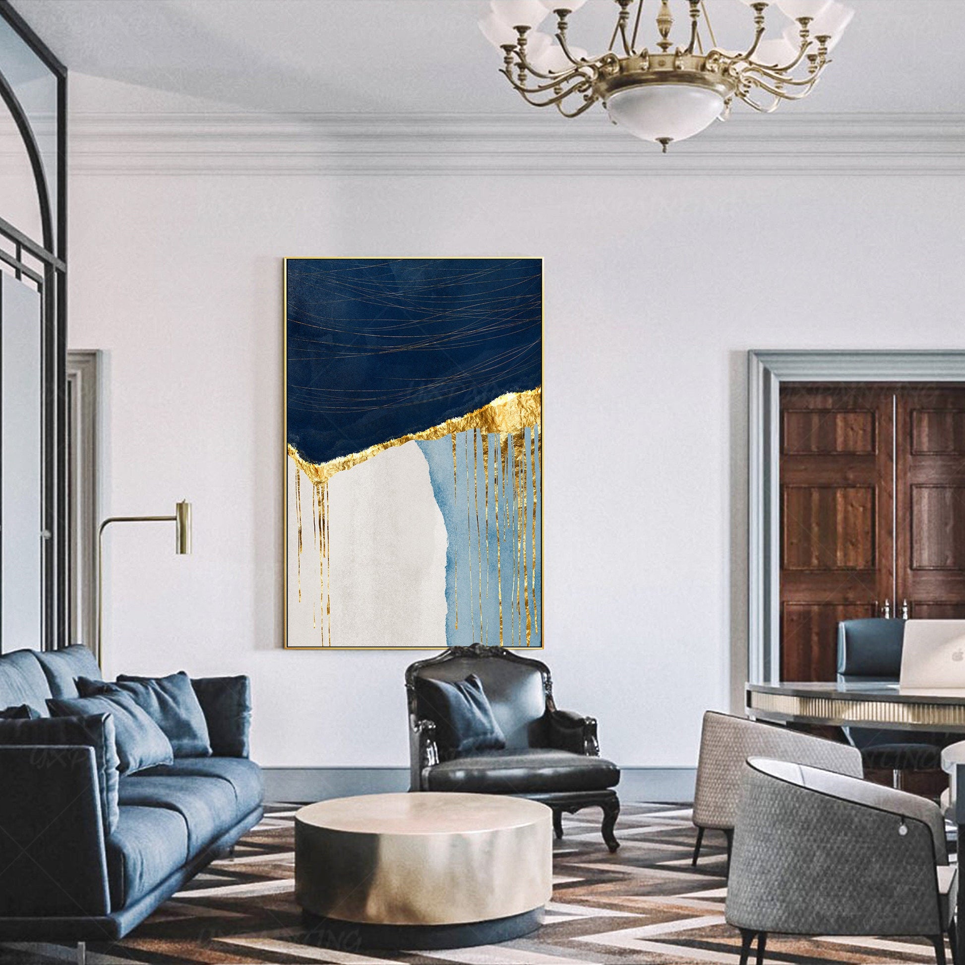 Navy Blue & Gold Abstract Painting Set: Modern Framed Wall Art #5