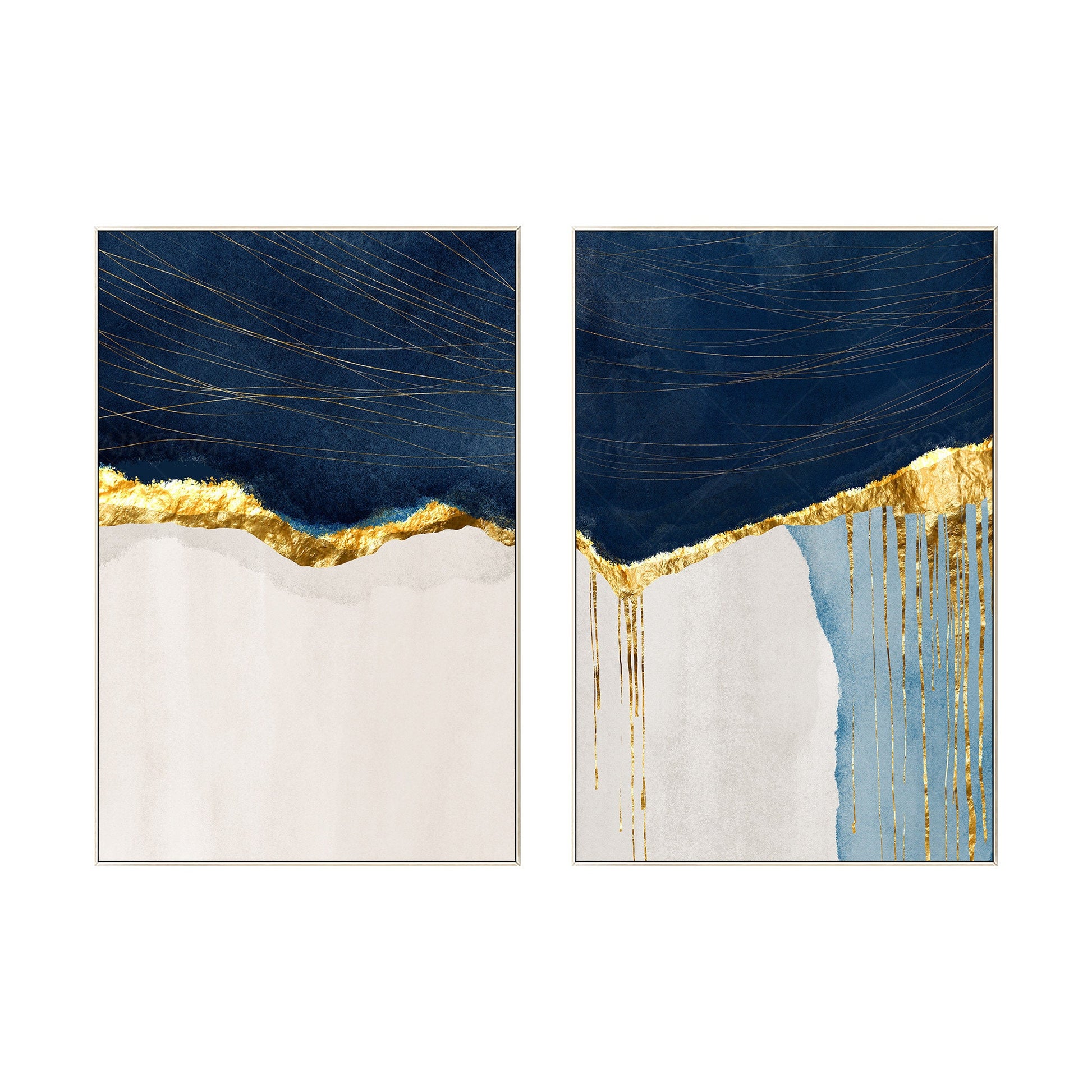 Navy Blue & Gold Abstract Painting Set: Modern Framed Wall Art #7