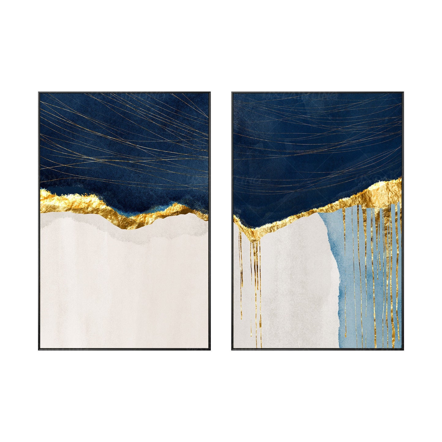 Navy Blue & Gold Abstract Painting Set: Modern Framed Wall Art #8