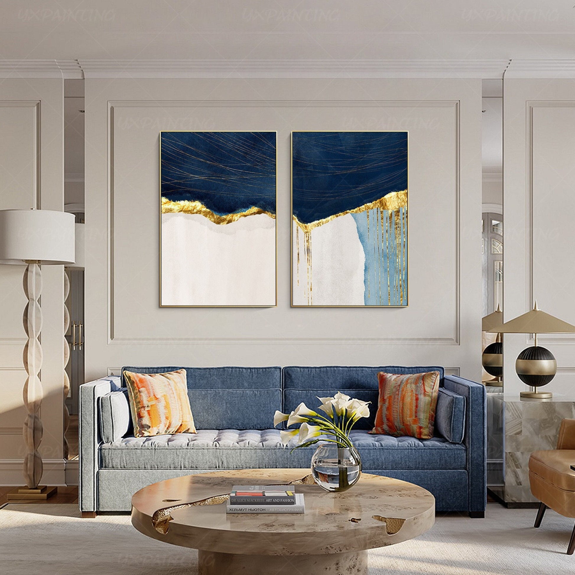 Navy Blue & Gold Abstract Painting Set: Modern Framed Wall Art #1