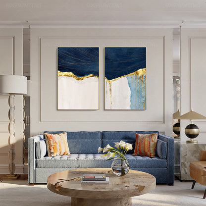 Navy Blue & Gold Abstract Painting Set: Modern Framed Wall Art #1
